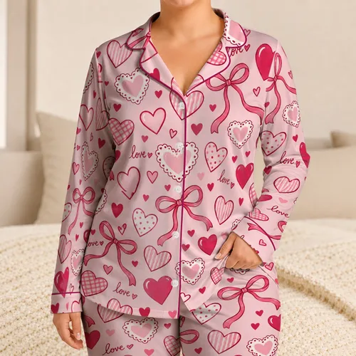 Romantic Heart And Ribbon Bow Motifs For Valentine's Day Gifting And Cozy Nights At Home Satin Pajamas Set