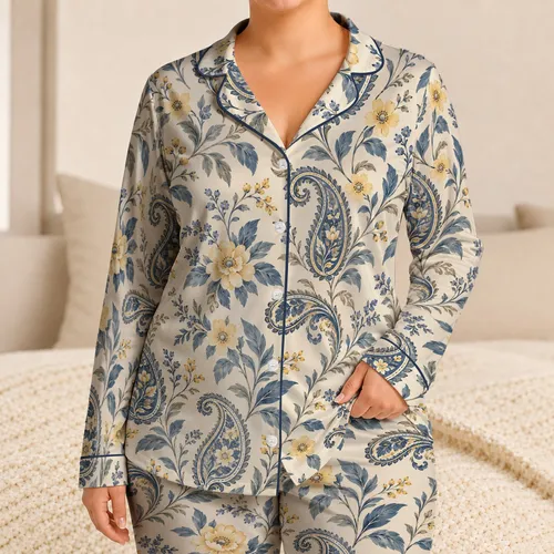 Navy and Butter Yellow Paisley Florals for Relaxed Coastal Getaways and Vacation Style Satin Pajamas Set
