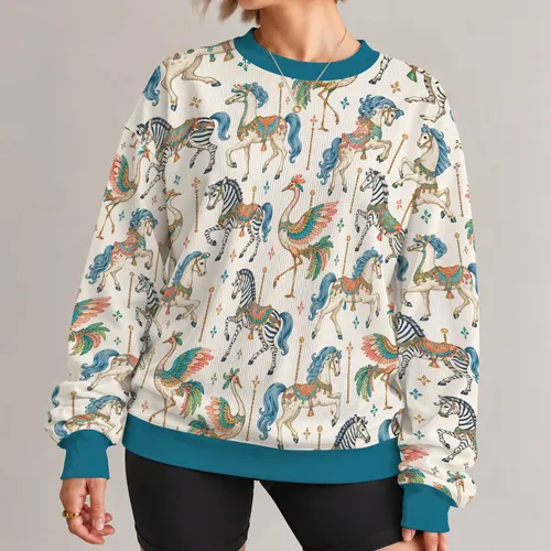 Whimsical Carousel Horses And Zebras For Playful Everyday Casual Style All-over Print Knitted Sweater