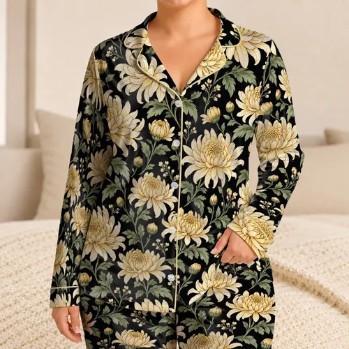 Cream Chrysanthemum Blooms for Cozy Botanical Evenings and Relaxed Lounge Style at Home Satin Pajamas Set