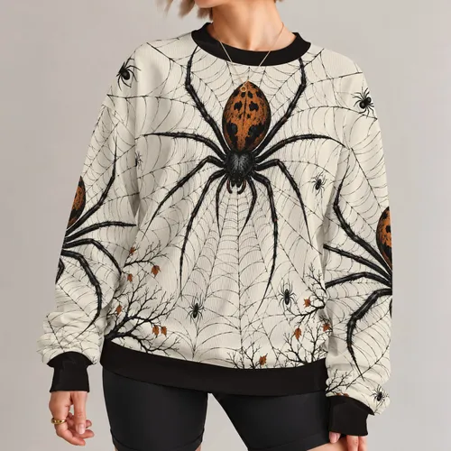 Giant Orange Abdomen Spider Web for Halloween Parties and Spooky Autumn Nights All-over Print Knitted Sweater