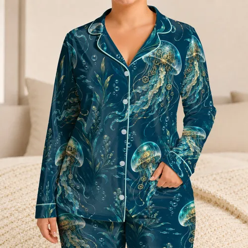 Mechanical Jellyfish Ocean Motifs for Relaxed Coastal Lounging and Deep Sea Enthusiasts Satin Pajamas Set