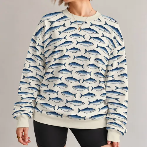 Blue Sardine Motifs For Coastal Weekends, Fishing Trips And Everyday Seaside Style All-over Print Knitted Sweater