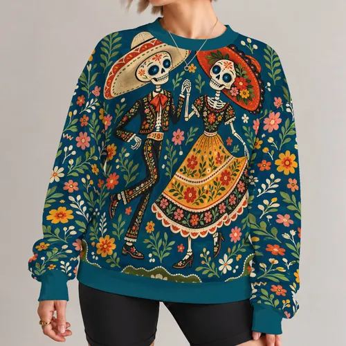 Skeleton Couple Folk Art for Halloween Celebrations and Autumn Gatherings at Home All-over Print Knitted Sweater