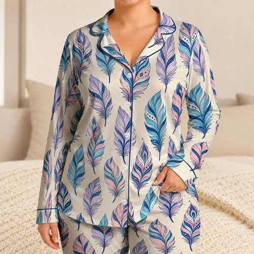 Blue Pink Feather Motifs for Relaxed Lounging and Cozy Evenings at Home for Men Satin Pajamas Set
