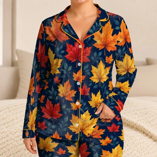 Golden Maple Leaves on Midnight Navy for Cozy Autumn Lounging and Seasonal Gift Giving Satin Pajamas Set