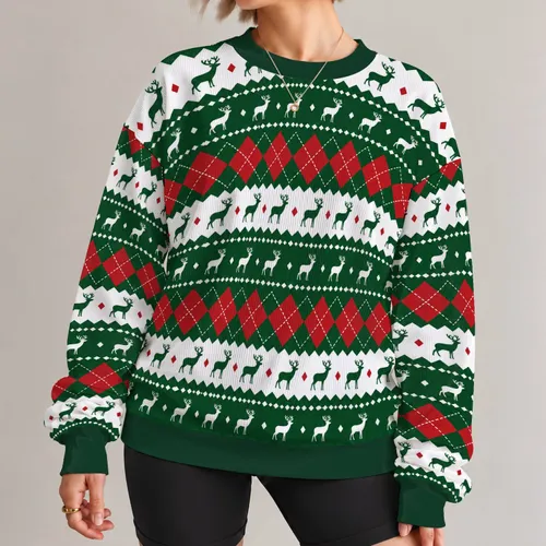 Red Green Reindeer Argyle Holiday Motif for Christmas Parties and Cozy Winter Gatherings All-over Print Knitted Sweater