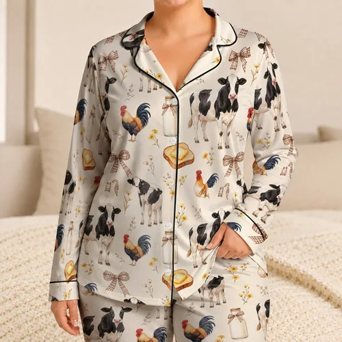 Farmhouse Dairy Cows And Roosters For Cozy Country Mornings For Women At Home Gifts Satin Pajamas Set