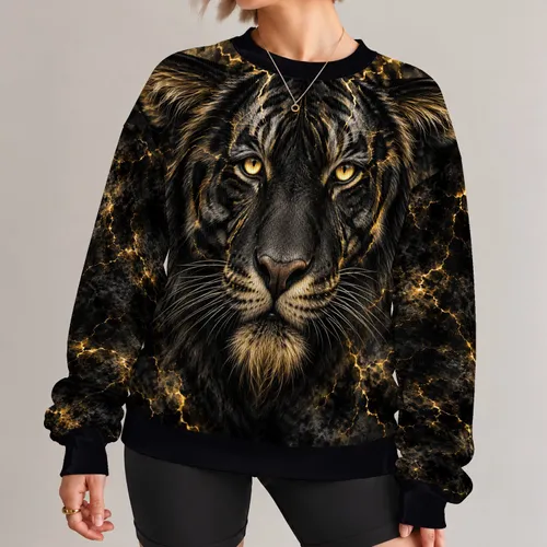 Black Tiger Face with Gold Lightning for Bold Streetwear and Nightlife Style All-over Print Knitted Sweater