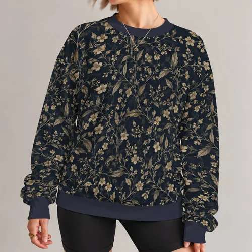 Antique Gold Wildflower Vines on Midnight Navy for Relaxed Everyday Botanical Style All-over Print Knitted Sweater