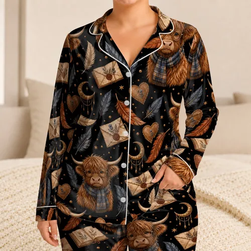 Scottish Highland Cow Moonlit Bedtime Gift For Cozy Family Nights, Boys And Girls Satin Pajamas Set