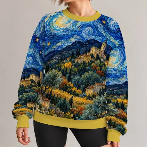 Swirling Blue Night Village Scene for Artistic Everyday Wear and Creative Weekend Outings All-over Print Knitted Sweater