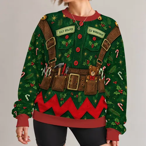 Elf Workshop Couple Outfit Details for Christmas Parties and Holiday Gift Giving All-over Print Knitted Sweater