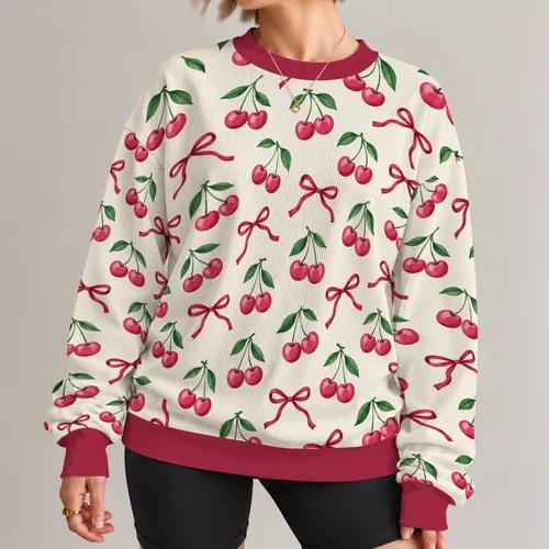 Cherry And Ribbon Motif For Sweet Everyday Style And Cozy Weekend Outings For Women All-over Print Knitted Sweater