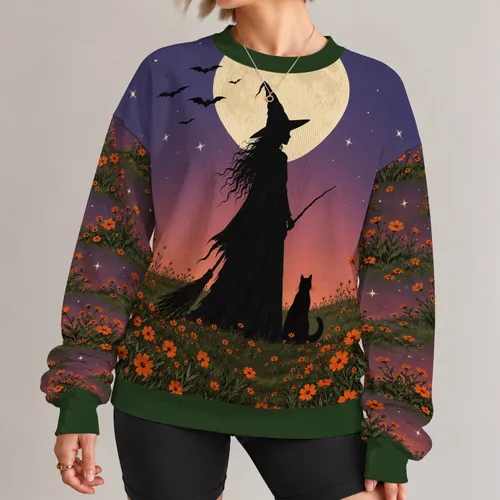 Moonlit Witch and Cat for Halloween Night Celebrations and Cozy Autumn Evening Wear All-over Print Knitted Sweater