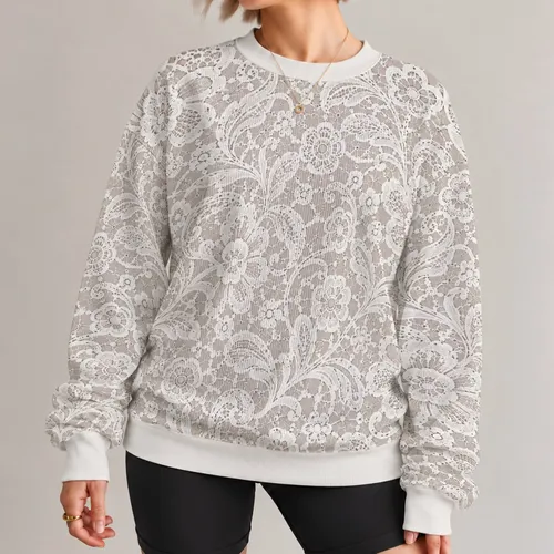 Ivory Floral Lace Motif for Romantic Spring Outfits and Elegant Everyday Wear for Her All-over Print Knitted Sweater