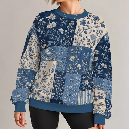 Blue Denim Patchwork Florals for Relaxed Spring and Autumn Everyday Style for Women All-over Print Knitted Sweater