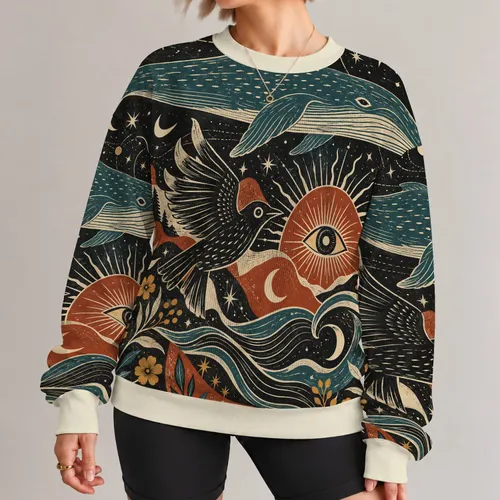Celestial Whale and Sun Motifs for Creative Autumn Weekends for Nature-Loving Men All-over Print Knitted Sweater