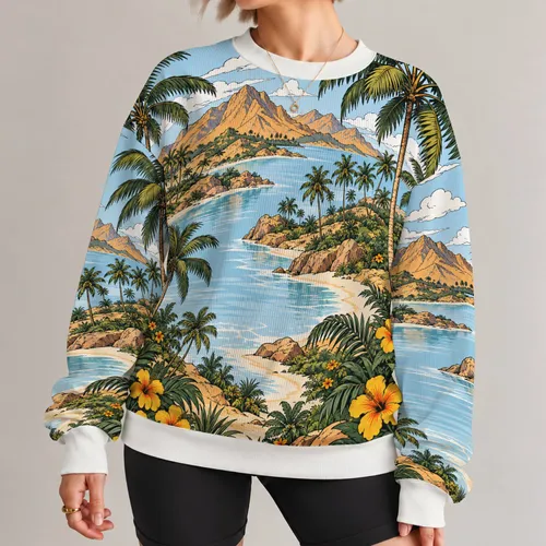 Tropical Lake, Palm Trees and Hibiscus for Relaxed Outdoor Getaways and Nature Lovers All-over Print Knitted Sweater