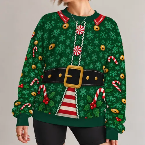 Elf Belt, Candy Canes And Snowflakes For Festive Holiday Parties And Cozy December Cosplay All-over Print Knitted Sweater
