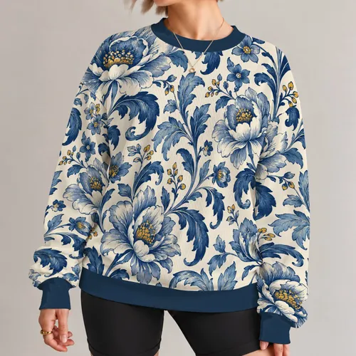 Blue And Ivory Floral Motifs For Relaxed Everyday Outfits And Garden Gatherings All-over Print Knitted Sweater