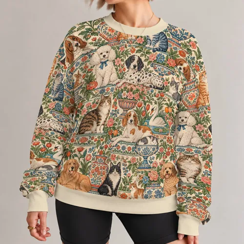 Whimsical Dogs and Cats in Garden Vignettes for Everyday Artful Outings and Pet Lovers All-over Print Knitted Sweater