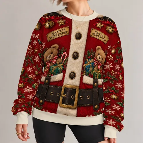 Santa Workshop Teddy Bear Gifts for Christmas Parties and Festive Family Celebrations All-over Print Knitted Sweater