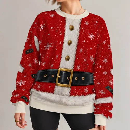 Red Santa-style costume surface with ivory faux-fur trim Gold Buttons A Black Belt And Buckle and scattered white snowflakes. All-over Print Knitted Sweater