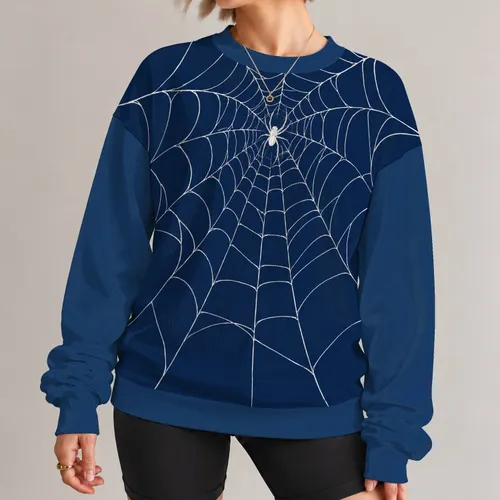 Navy Spiderweb with White Spider for Halloween Nights and Everyday Gothic Streetwear All-over Print Knitted Sweater