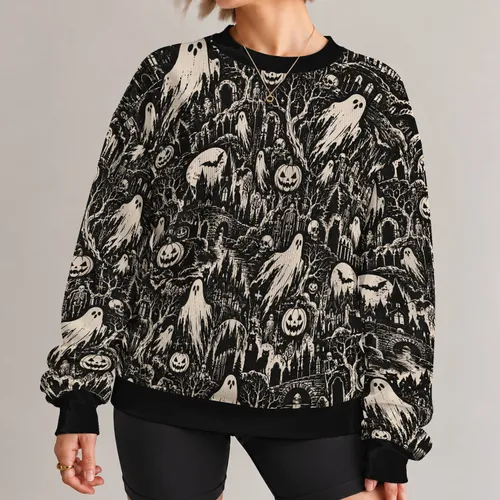 Ghosts And Pumpkins Halloween Field For Spooky Autumn Nights And Casual Wear All-over Print Knitted Sweater