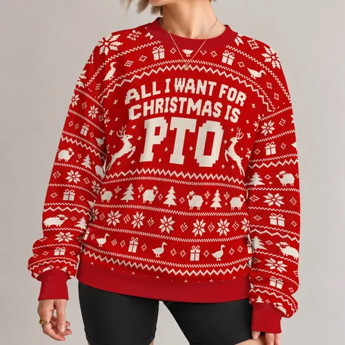 Christmas PTO Holiday Saying With Snowflakes And Festive Woodland Motifs For Relaxed Wear All-over Print Knitted Sweater