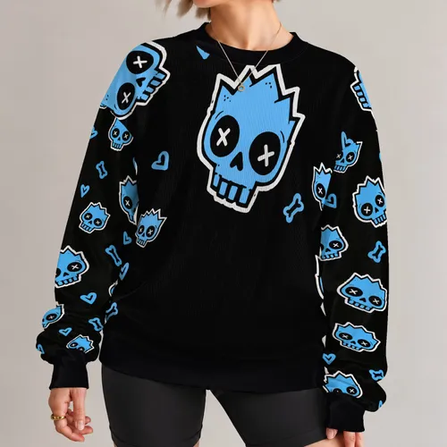 Blue Cartoon Skull Streetwear for Alternative Autumn Outfits and Everyday Dark Style All-over Print Knitted Sweater