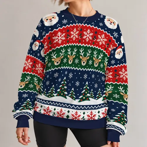 Santa Faces, Reindeer and Fir Trees for Men's Christmas Holiday Parties All-over Print Knitted Sweater