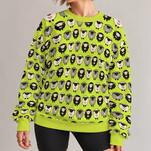 Cute Sheep and Pink Heart Farm Animals for Casual Countryside Style All-over Print Knitted Sweater