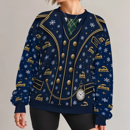 Holiday Train Conductor Uniform for Christmas Parties and Festive Seasonal Celebrations All-over Print Knitted Sweater