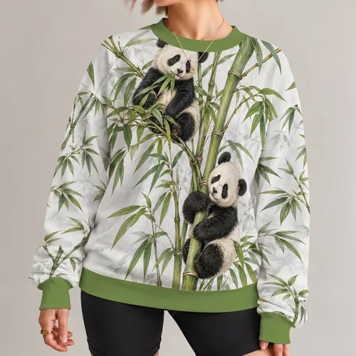 Two pandas Bamboo Stalks and leafy sprigs. Panda Pair Climbing Bamboo for Nature Lovers and All-over Print Knitted Sweater