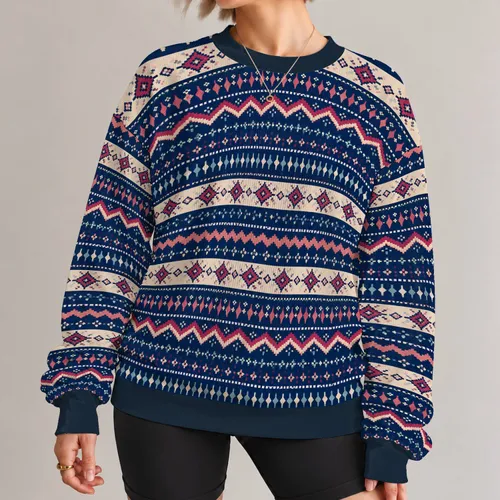 Retro Nordic Fair Isle Geometric Motifs for Cozy Winter Weekends and Everyday Wear All-over Print Knitted Sweater