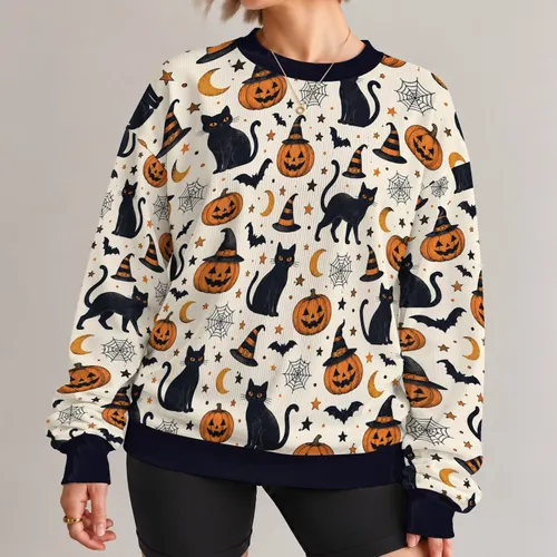 Black Cats And Jack-O'-Lanterns For Spooky Halloween Gatherings And Casual Wear All-over Print Knitted Sweater