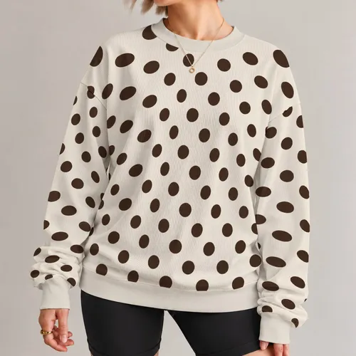 Classic Dark Brown Polka Dots on Warm Ivory for Chic Everyday Wear and Brunch Outings All-over Print Knitted Sweater