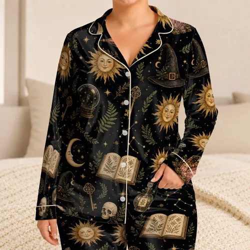 Celestial Witch Moon Skull Cozy Nights for Women's Dark Academia Home Ritual Style Satin Pajamas Set