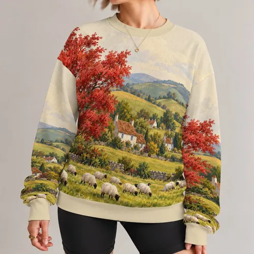 Rural Cottages Green Hills Red Foliage Pastoral Sheep and Cottage Countryside for Cozy Autumn All-over Print Knitted Sweater