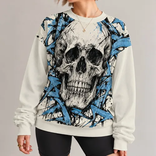 Blue Skull Streetwear Style for Hip-Hop Nights, Concerts and Casual Autumn Looks All-over Print Knitted Sweater