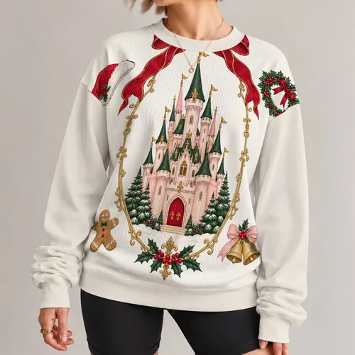 Enchanted Christmas Castle With Red Bow for Festive Holiday Celebrations All-over Print Knitted Sweater