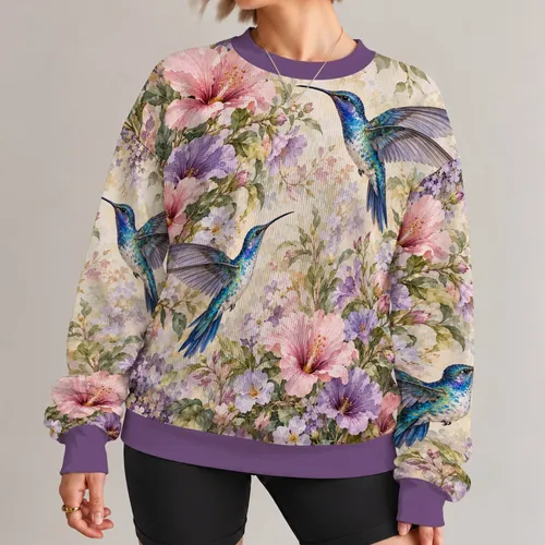 Hummingbirds Among Violet Blossoms for Spring Garden Walks and Nature-Loving Women All-over Print Knitted Sweater