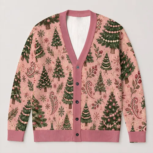 Christmas Tree Holiday Motif Layering Look for Festive Gatherings and Winter Parties All-over Print Knitted Cardigan