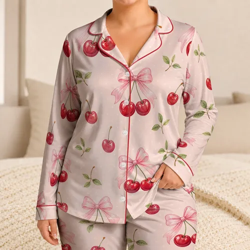 Cherry Bow Cottage Evenings, Blush Pastel Motifs for Cozy Summer Nights for Girls Satin Pajamas Set