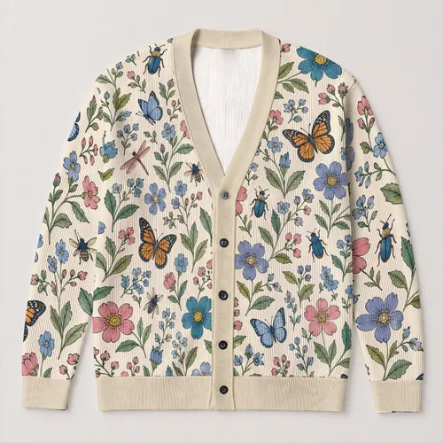 Botanical Insect Garden Motifs For Relaxed Autumn Layering Women's Nature Inspired Style All-over Print Knitted Cardigan