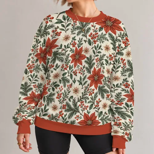 Rust Poinsettia and Evergreen Botanicals for Cozy Holiday Gatherings and Seasonal Style All-over Print Knitted Sweater