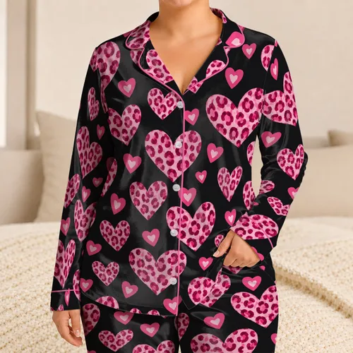 Fuchsia Leopard Hearts for Cozy Valentine Nights and Romantic Lounge Style Satin Pajamas Set