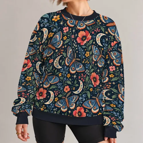 Blue Moth and Crescent Moon Night Garden for Whimsical Everyday Style All-over Print Knitted Sweater